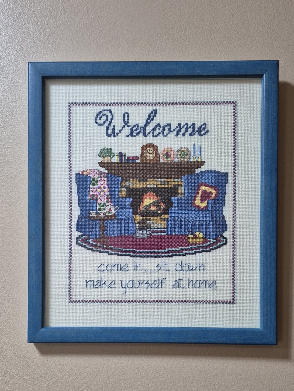 VINTAGE 90s 'Welcome' Handcrafted Framed Needlepoint Wall Art Cottagecore